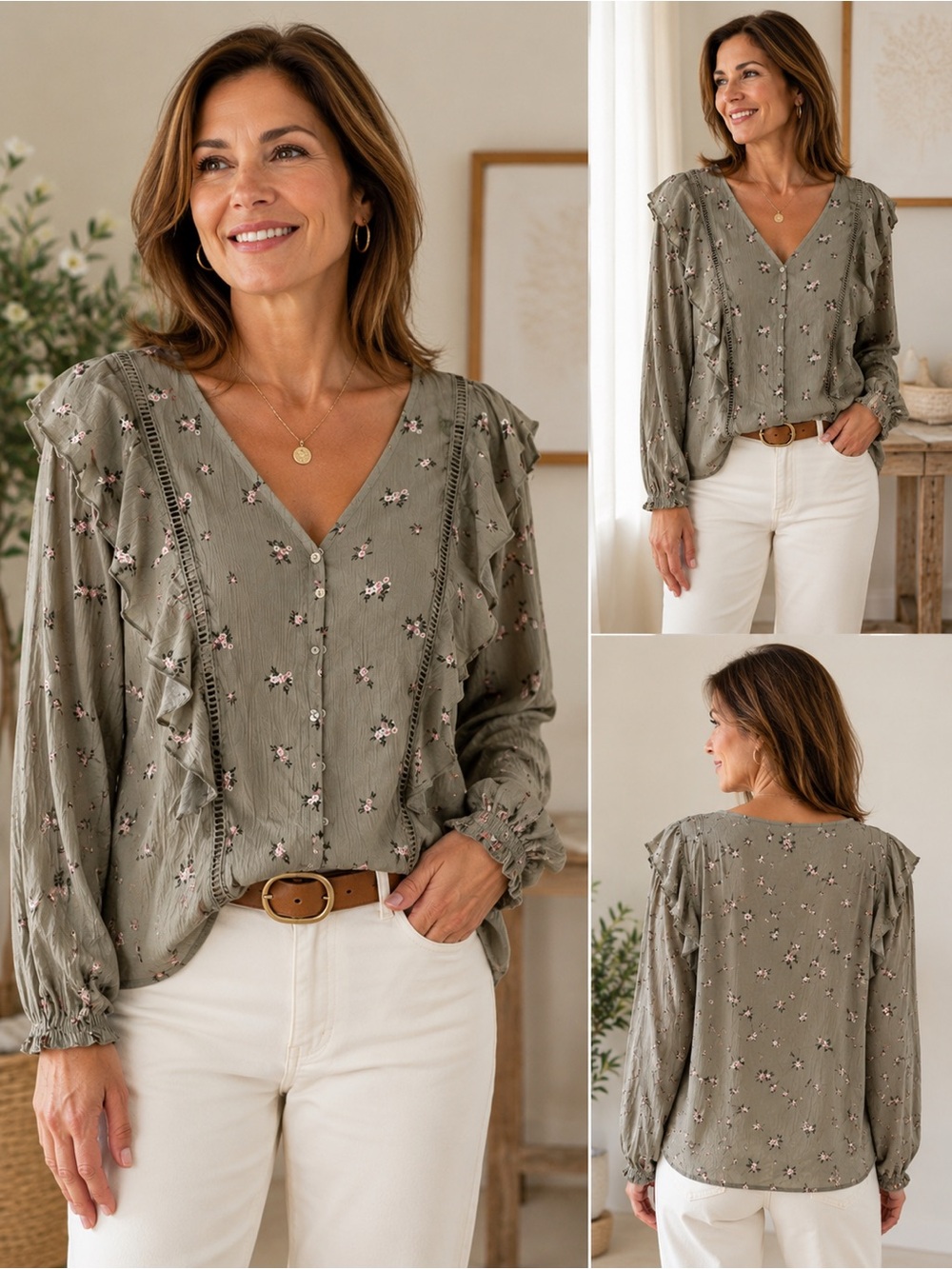 Planet Gold Olive Floral Ruffle V-Neck Blouse